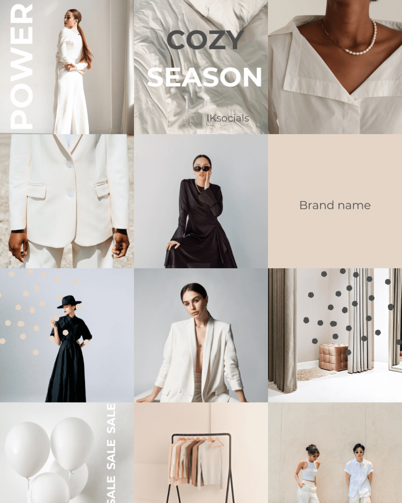 Bilden föreställer exempel på ett instagram flöde åt ett mode företag med olika bilder på personer, närbilder på kläder samt dekorativa bilder